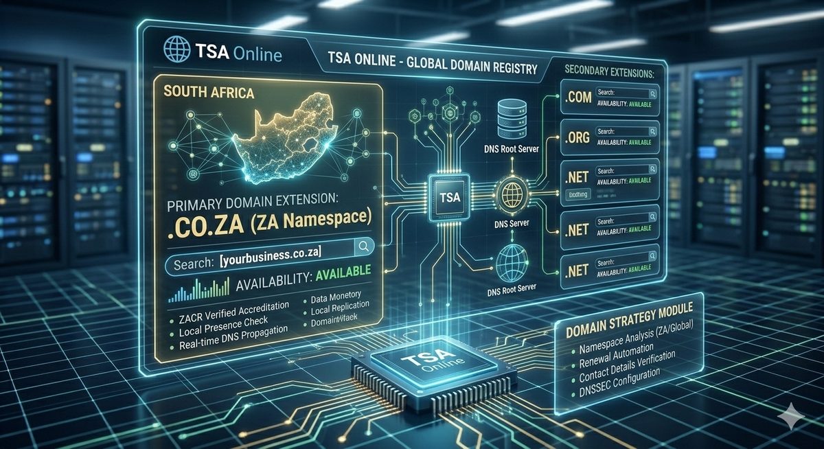 TSA Online domain registry dashboard showing .co.za and global extension availability