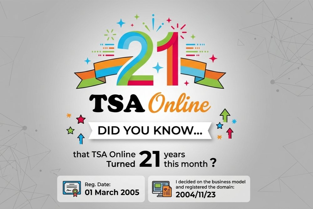 TSA Online turned 21 — registered 1 March 2005, domain registered 23 November 2004